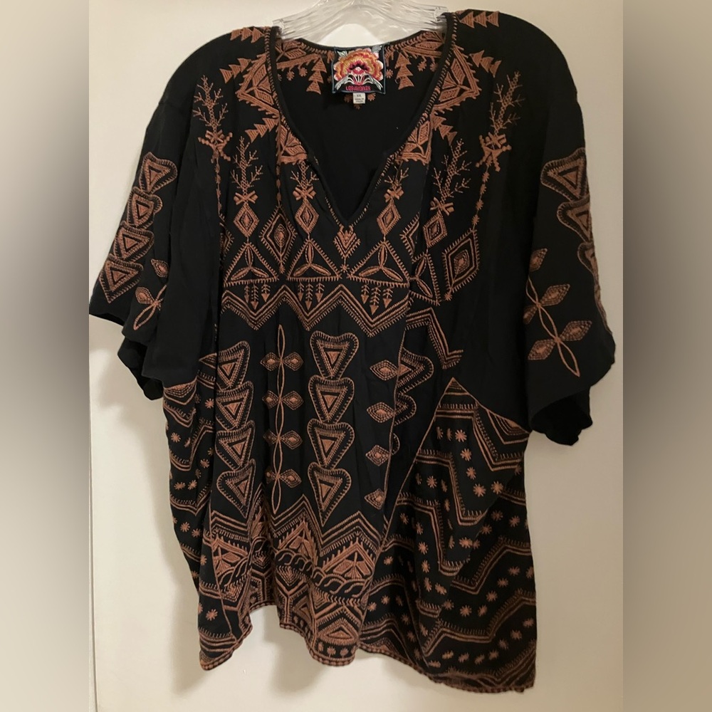 Johnny Was Embroidered V-Neck Top in Black and Rust